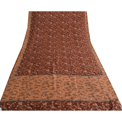 Sanskriti Vintage Sarees Indian Dark Brown Pure Silk Printed Sari Craft Fabric