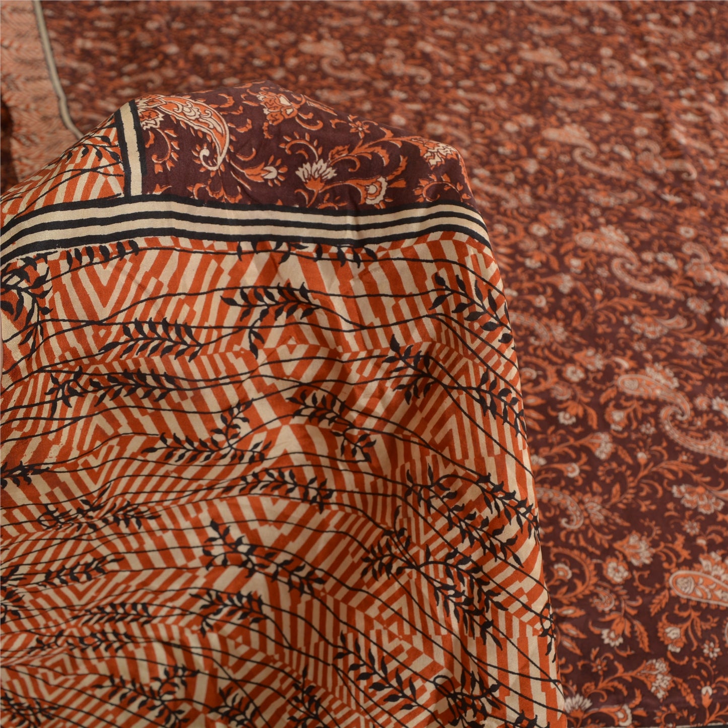 Sanskriti Vintage Sarees Indian Dark Brown Pure Silk Printed Sari Craft Fabric