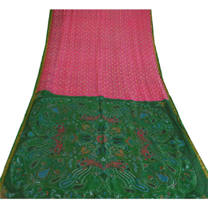 Sanskriti Vintage Sarees Pink Zari Border Printed Pure Silk Sari Craft Sustainable Fabric