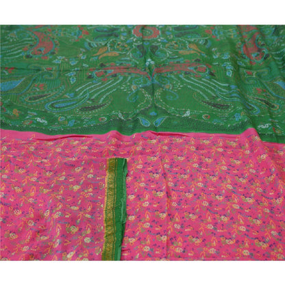 Sanskriti Vintage Sarees Pink Zari Border Printed Pure Silk Sari Craft Sustainable Fabric