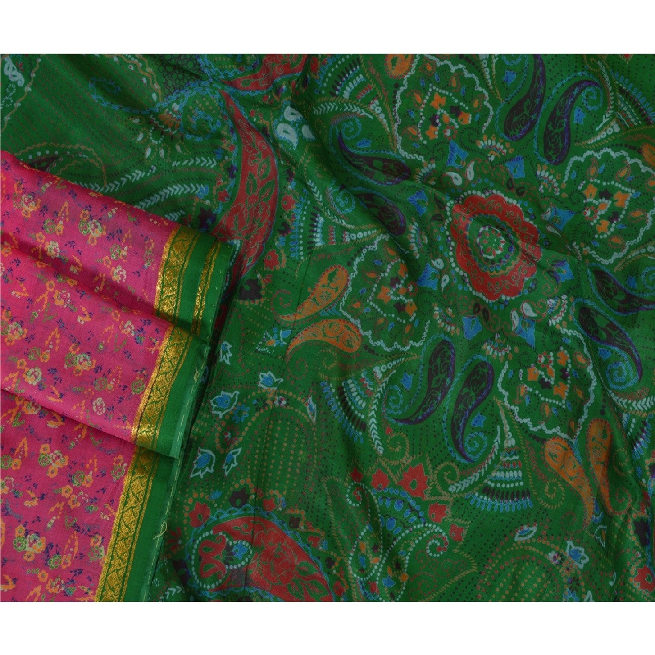 Sanskriti Vintage Sarees Pink Zari Border Printed Pure Silk Sari Craft Sustainable Fabric