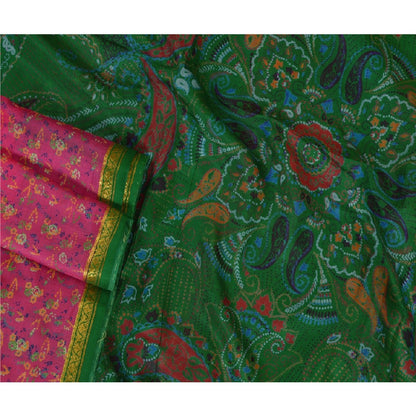 Sanskriti Vintage Sarees Pink Zari Border Printed Pure Silk Sari Craft Sustainable Fabric