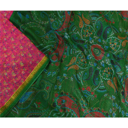 Sanskriti Vintage Sarees Pink Zari Border Printed Pure Silk Sari Craft Sustainable Fabric