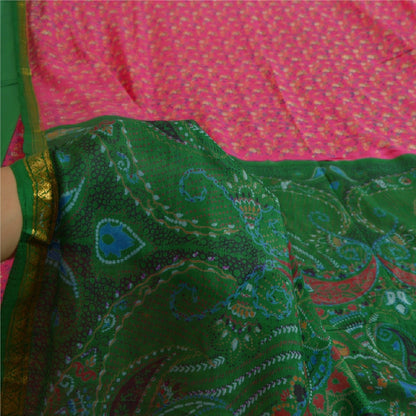 Sanskriti Vintage Sarees Pink Zari Border Printed Pure Silk Sari Craft Sustainable Fabric