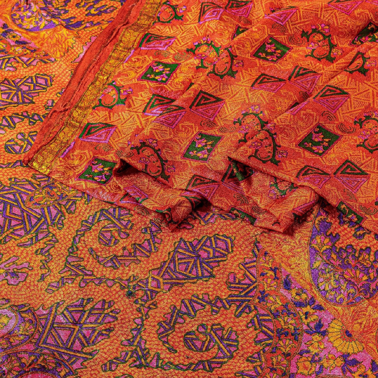 Sanskriti Vintage Sarees Red From India Printed Pure Silk Sari 5yd Craft Sustainable Fabric