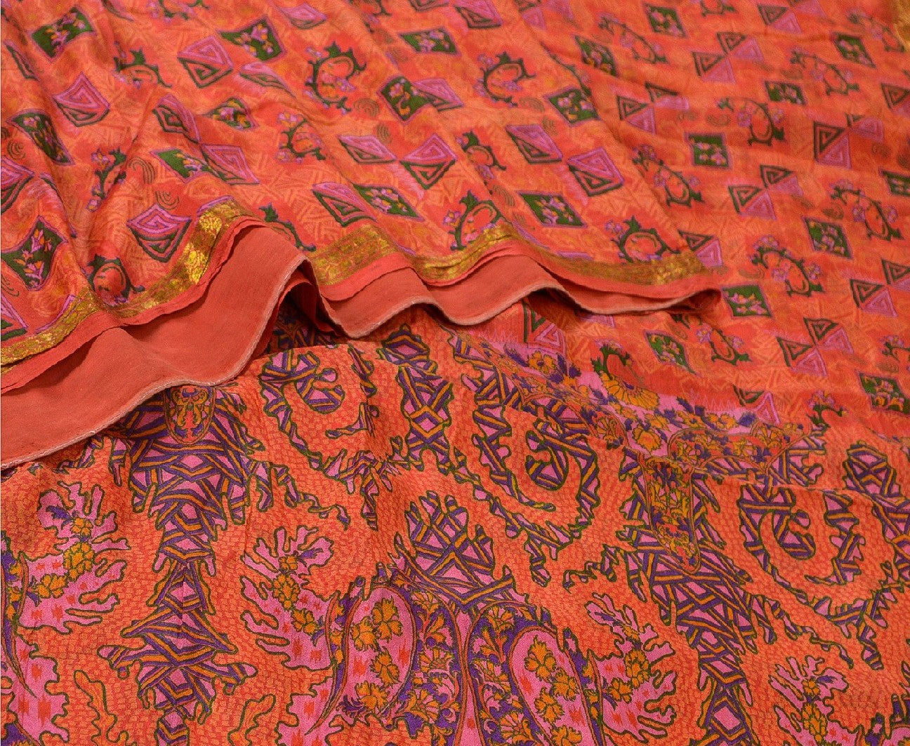 Sanskriti Vintage Sarees Red From India Printed Pure Silk Sari 5yd Craft Sustainable Fabric