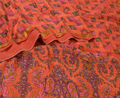 Sanskriti Vintage Sarees Red From India Printed Pure Silk Sari 5yd Craft Sustainable Fabric