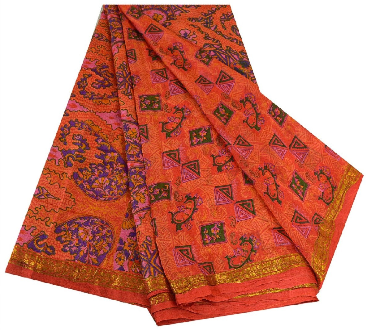 Sanskriti Vintage Sarees Red From India Printed Pure Silk Sari 5yd Craft Sustainable Fabric