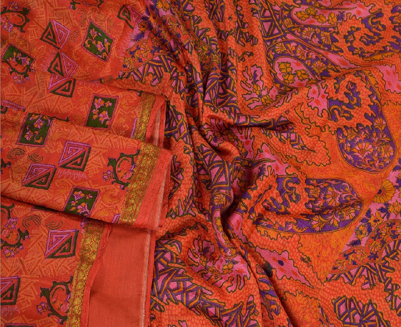 Sanskriti Vintage Sarees Red From India Printed Pure Silk Sari 5yd Craft Sustainable Fabric