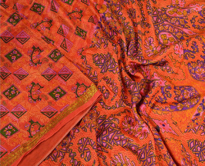 Sanskriti Vintage Sarees Red From India Printed Pure Silk Sari 5yd Craft Sustainable Fabric