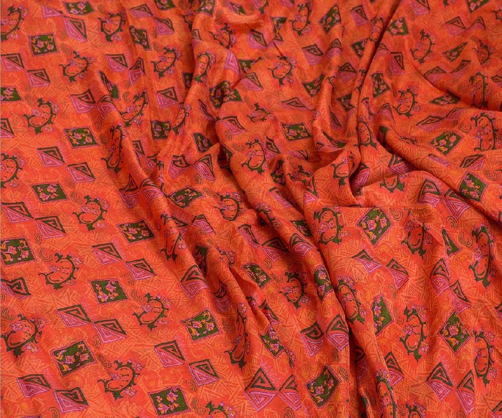 Sanskriti Vintage Sarees Red From India Printed Pure Silk Sari 5yd Craft Sustainable Fabric