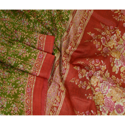 Sanskriti Vintage Sarees Green/Red Printed Pure Silk Sari Floral Craft Fabric