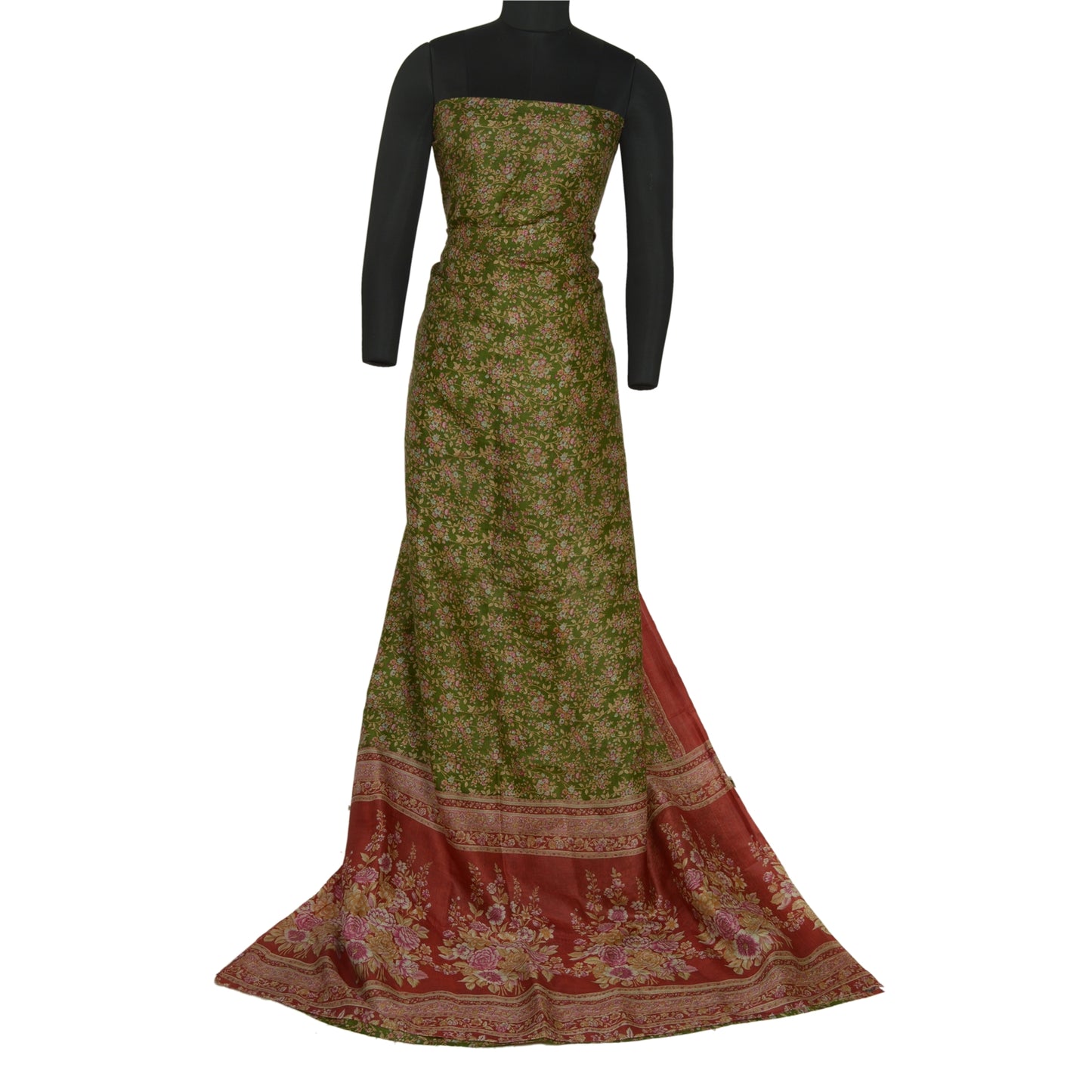 Sanskriti Vintage Sarees Green/Red Printed Pure Silk Sari Floral Craft Fabric