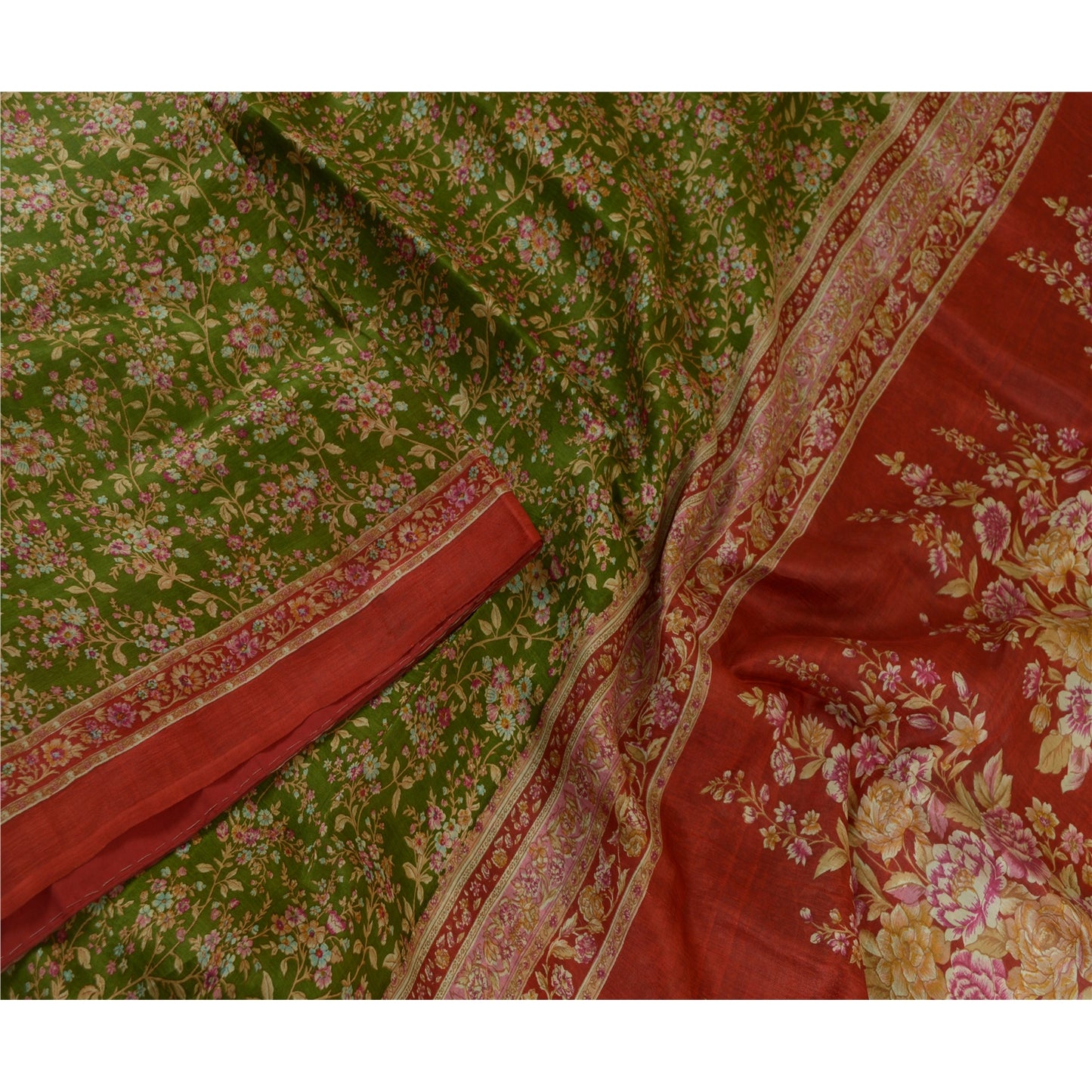 Sanskriti Vintage Sarees Green/Red Printed Pure Silk Sari Floral Craft Fabric