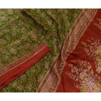 Sanskriti Vintage Sarees Green/Red Printed Pure Silk Sari Floral Craft Fabric