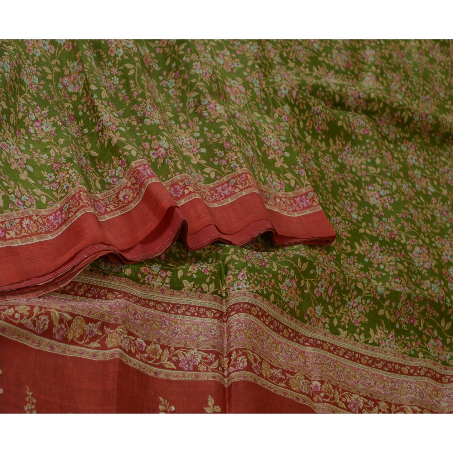 Sanskriti Vintage Sarees Green/Red Printed Pure Silk Sari Floral Craft Fabric