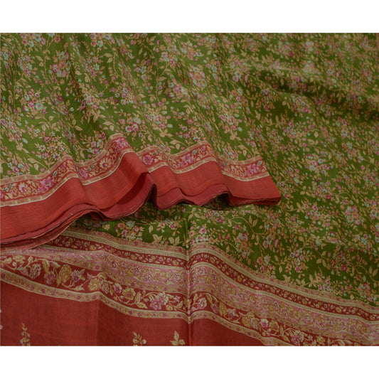 Sanskriti Vintage Sarees Green/Red Printed Pure Silk Sari Floral Craft Fabric