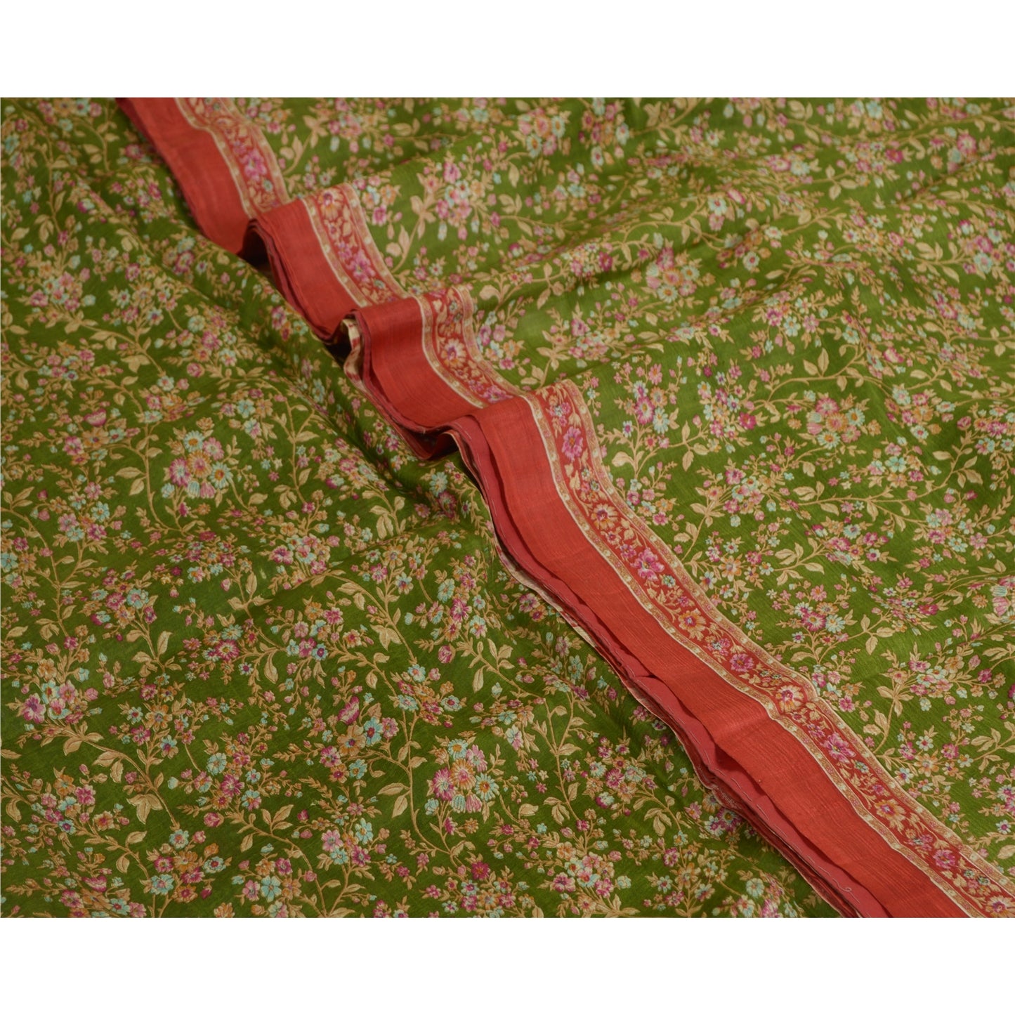 Sanskriti Vintage Sarees Green/Red Printed Pure Silk Sari Floral Craft Fabric