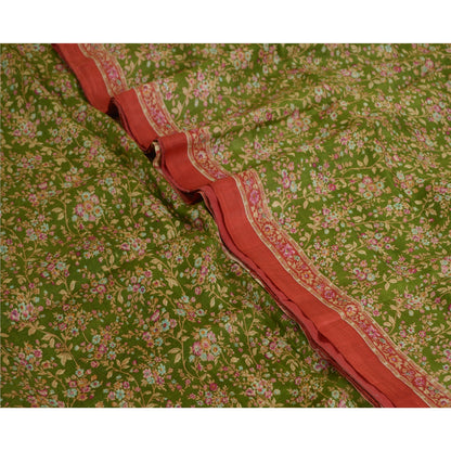 Sanskriti Vintage Sarees Green/Red Printed Pure Silk Sari Floral Craft Fabric