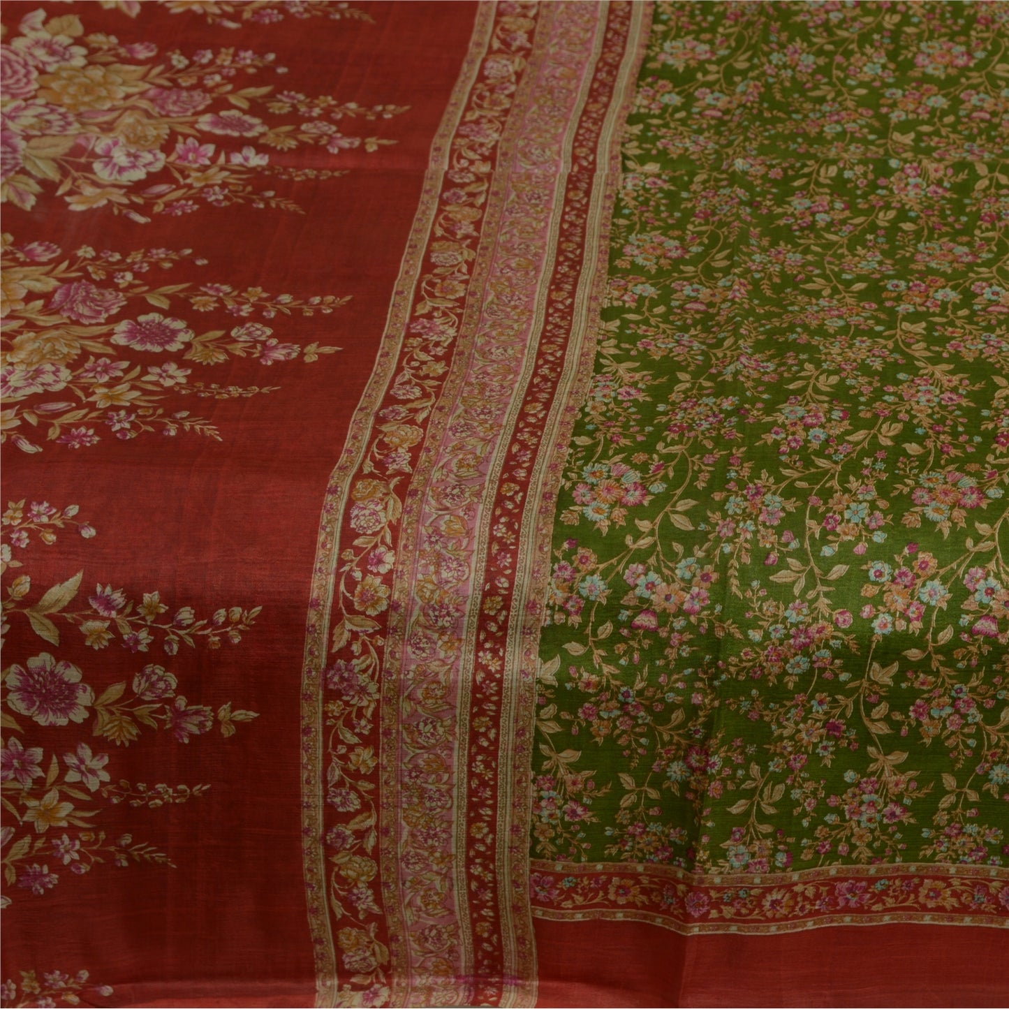 Sanskriti Vintage Sarees Green/Red Printed Pure Silk Sari Floral Craft Fabric
