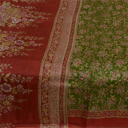 Sanskriti Vintage Sarees Green/Red Printed Pure Silk Sari Floral Craft Fabric