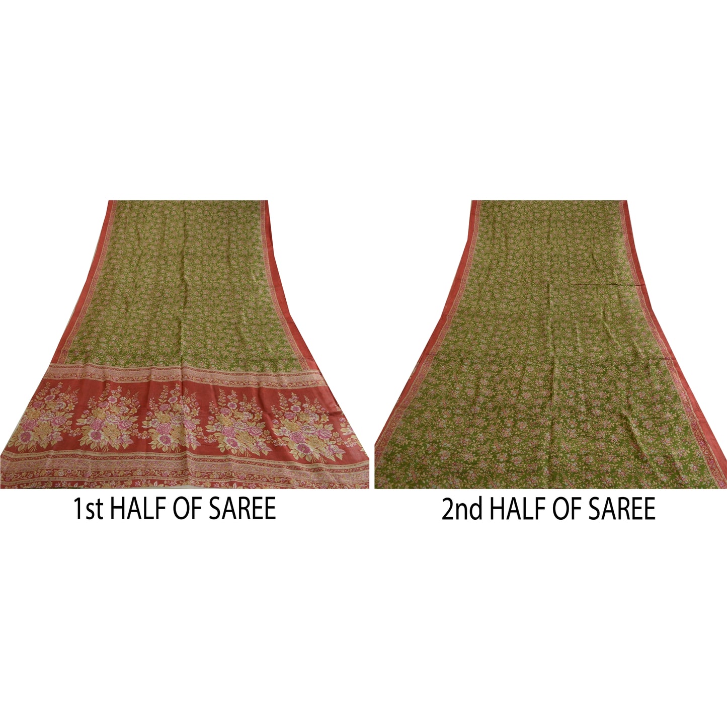 Sanskriti Vintage Sarees Green/Red Printed Pure Silk Sari Floral Craft Fabric
