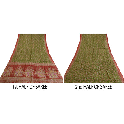 Sanskriti Vintage Sarees Green/Red Printed Pure Silk Sari Floral Craft Fabric