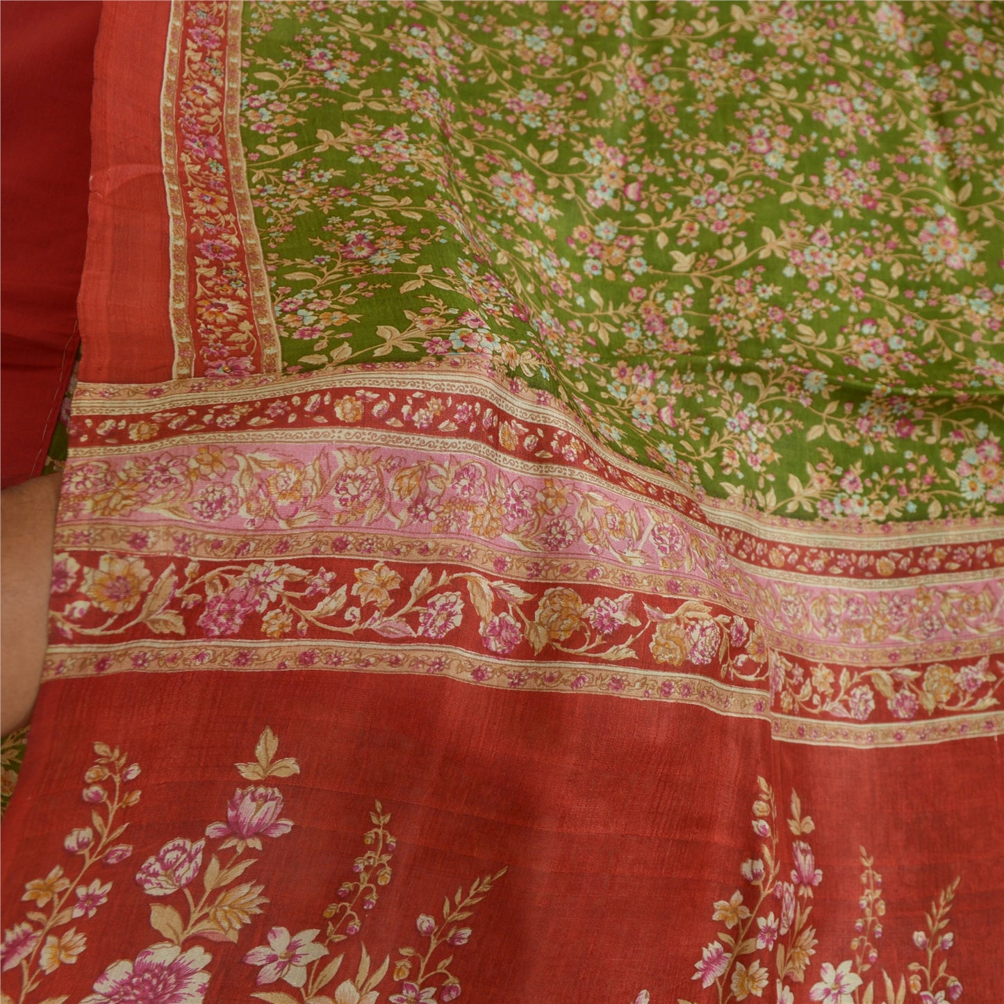 Sanskriti Vintage Sarees Green/Red Printed Pure Silk Sari Floral Craft Fabric
