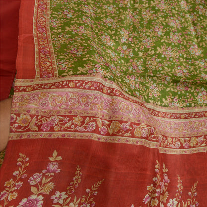 Sanskriti Vintage Sarees Green/Red Printed Pure Silk Sari Floral Craft Fabric
