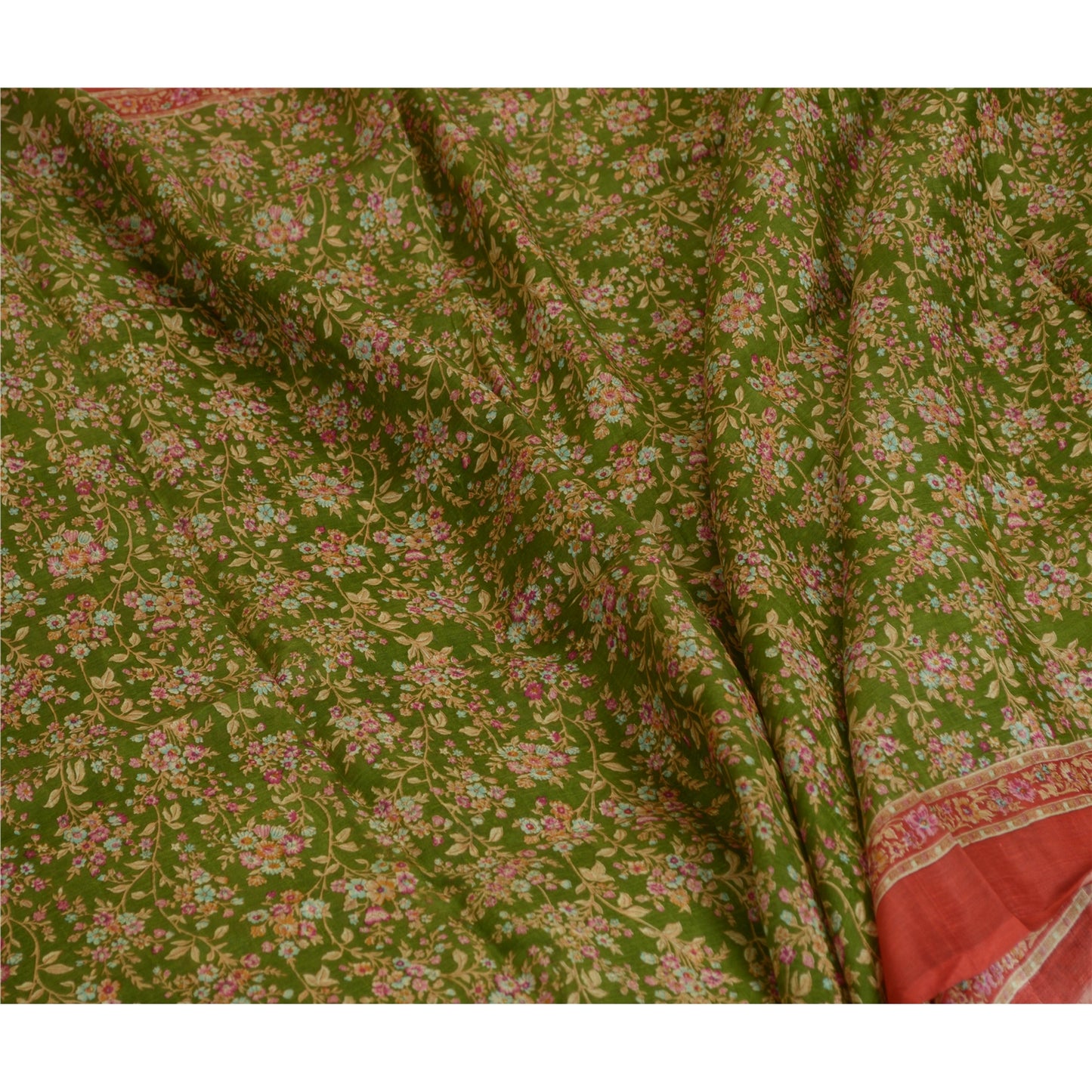 Sanskriti Vintage Sarees Green/Red Printed Pure Silk Sari Floral Craft Fabric