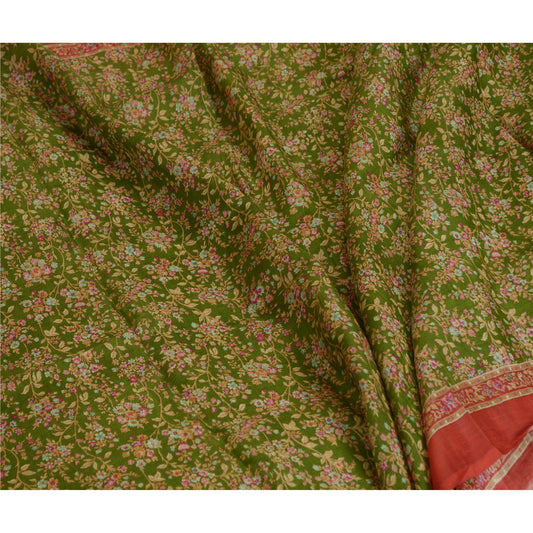 Sanskriti Vintage Sarees Green/Red Printed Pure Silk Sari Floral Craft Fabric