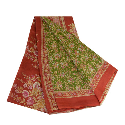 Sanskriti Vintage Sarees Green/Red Printed Pure Silk Sari Floral Craft Fabric