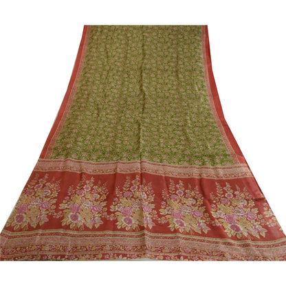 Sanskriti Vintage Sarees Green/Red Printed Pure Silk Sari Floral Craft Fabric