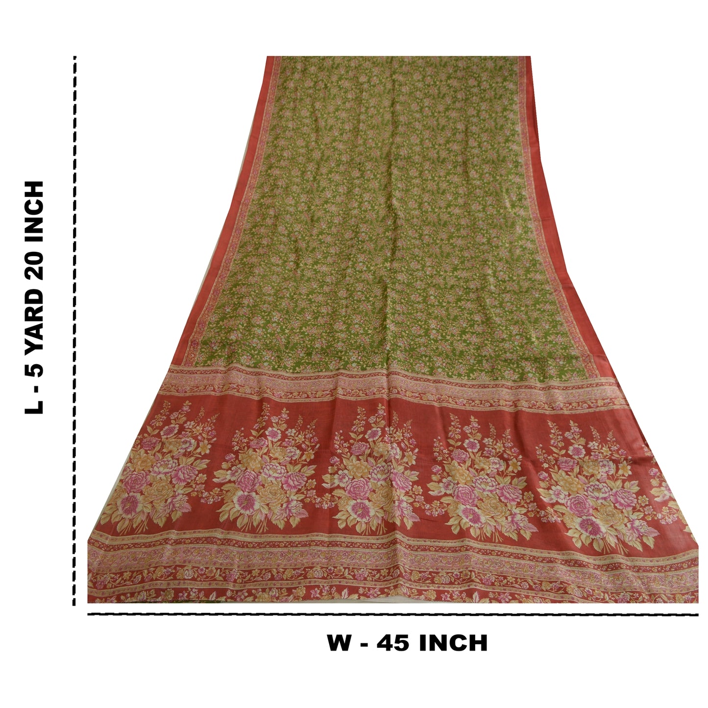 Sanskriti Vintage Sarees Green/Red Printed Pure Silk Sari Floral Craft Fabric