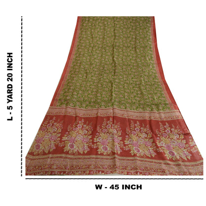 Sanskriti Vintage Sarees Green/Red Printed Pure Silk Sari Floral Craft Fabric