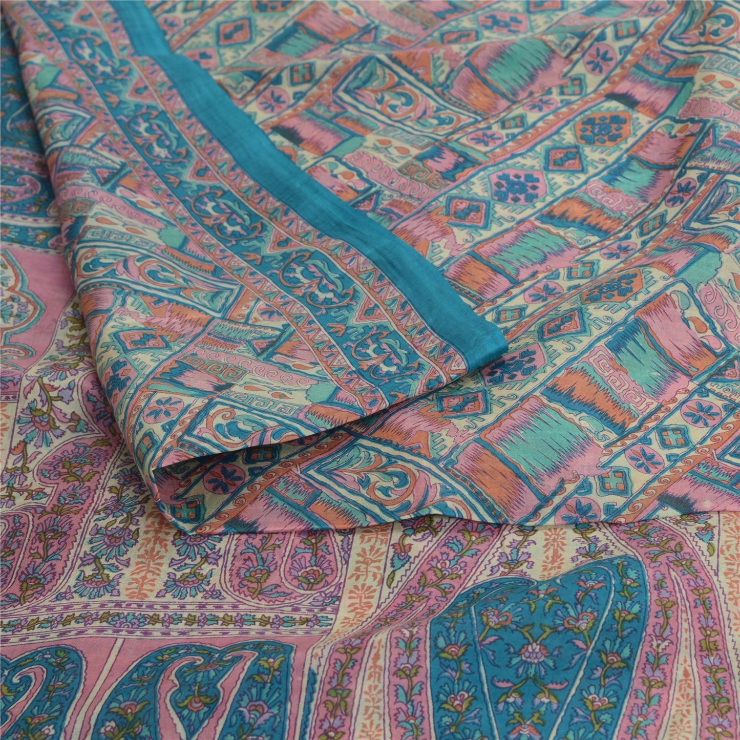 Sanskriti Vintage Sarees Blue 100% Pure Silk Geometric Print Sari Craft Fabric