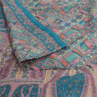 Sanskriti Vintage Sarees Blue 100% Pure Silk Geometric Print Sari Craft Fabric