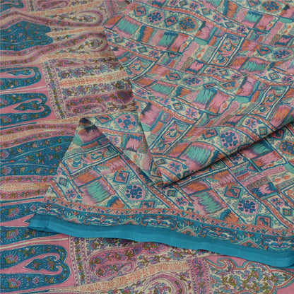 Sanskriti Vintage Sarees Blue 100% Pure Silk Geometric Print Sari Craft Fabric