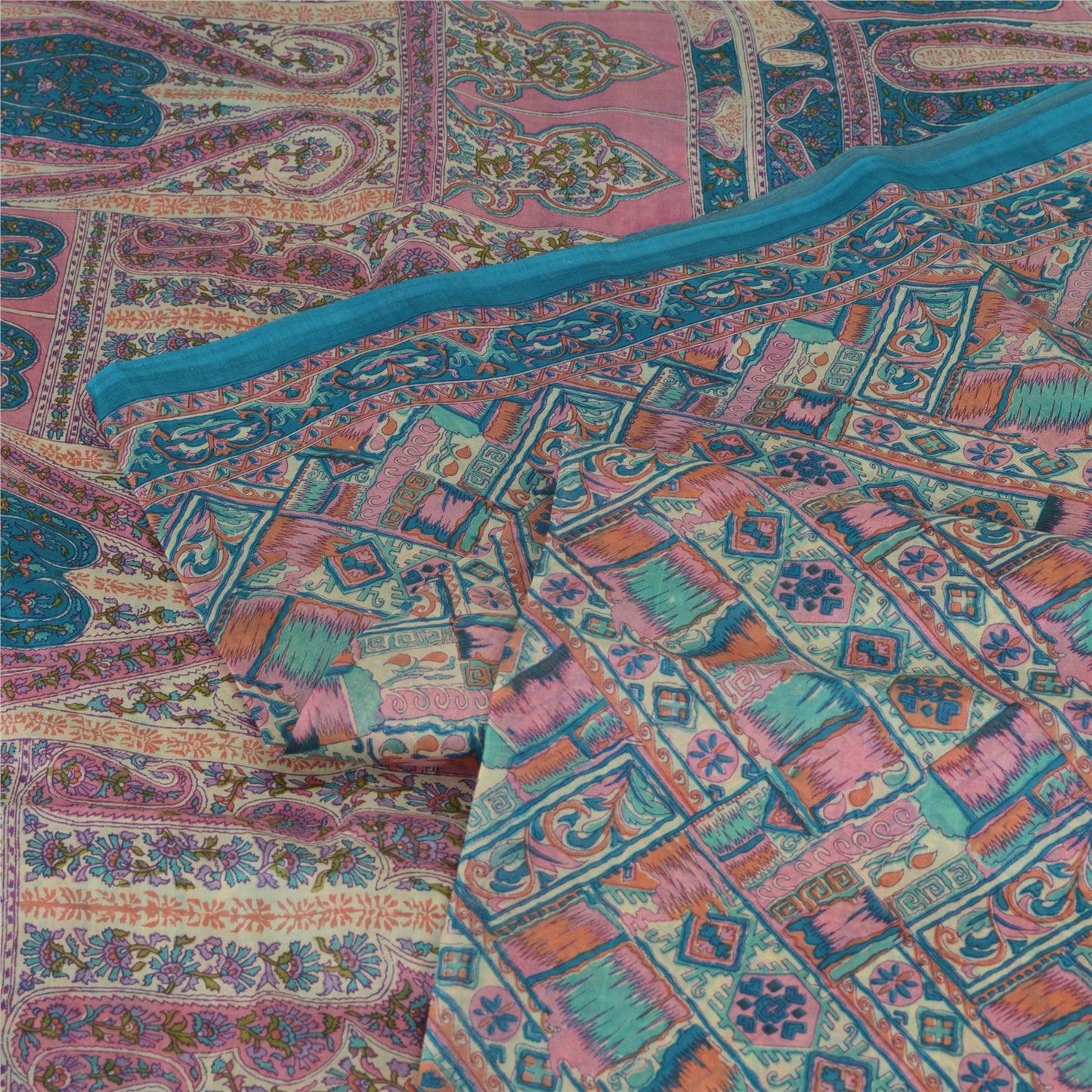 Sanskriti Vintage Sarees Blue 100% Pure Silk Geometric Print Sari Craft Fabric