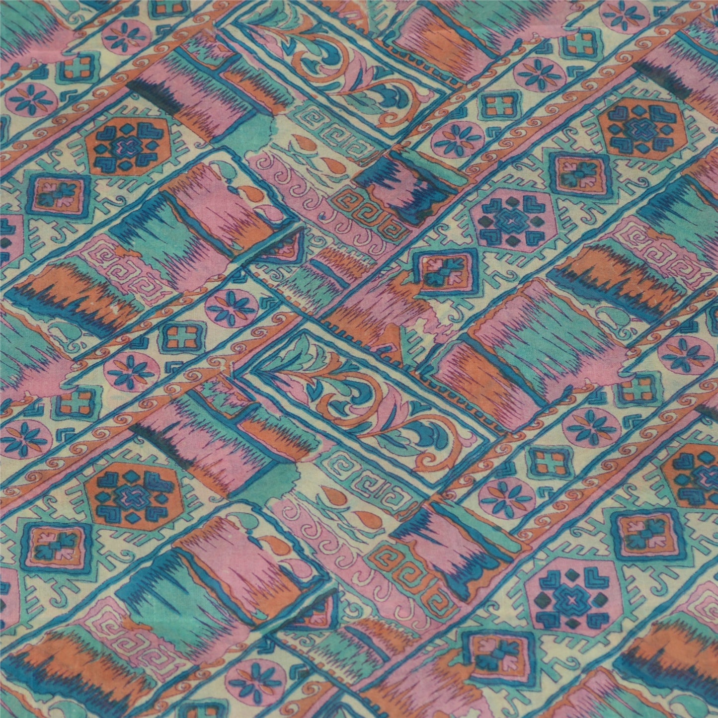 Sanskriti Vintage Sarees Blue 100% Pure Silk Geometric Print Sari Craft Fabric