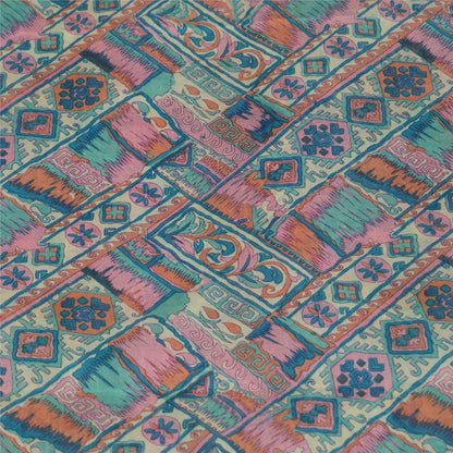 Sanskriti Vintage Sarees Blue 100% Pure Silk Geometric Print Sari Craft Fabric