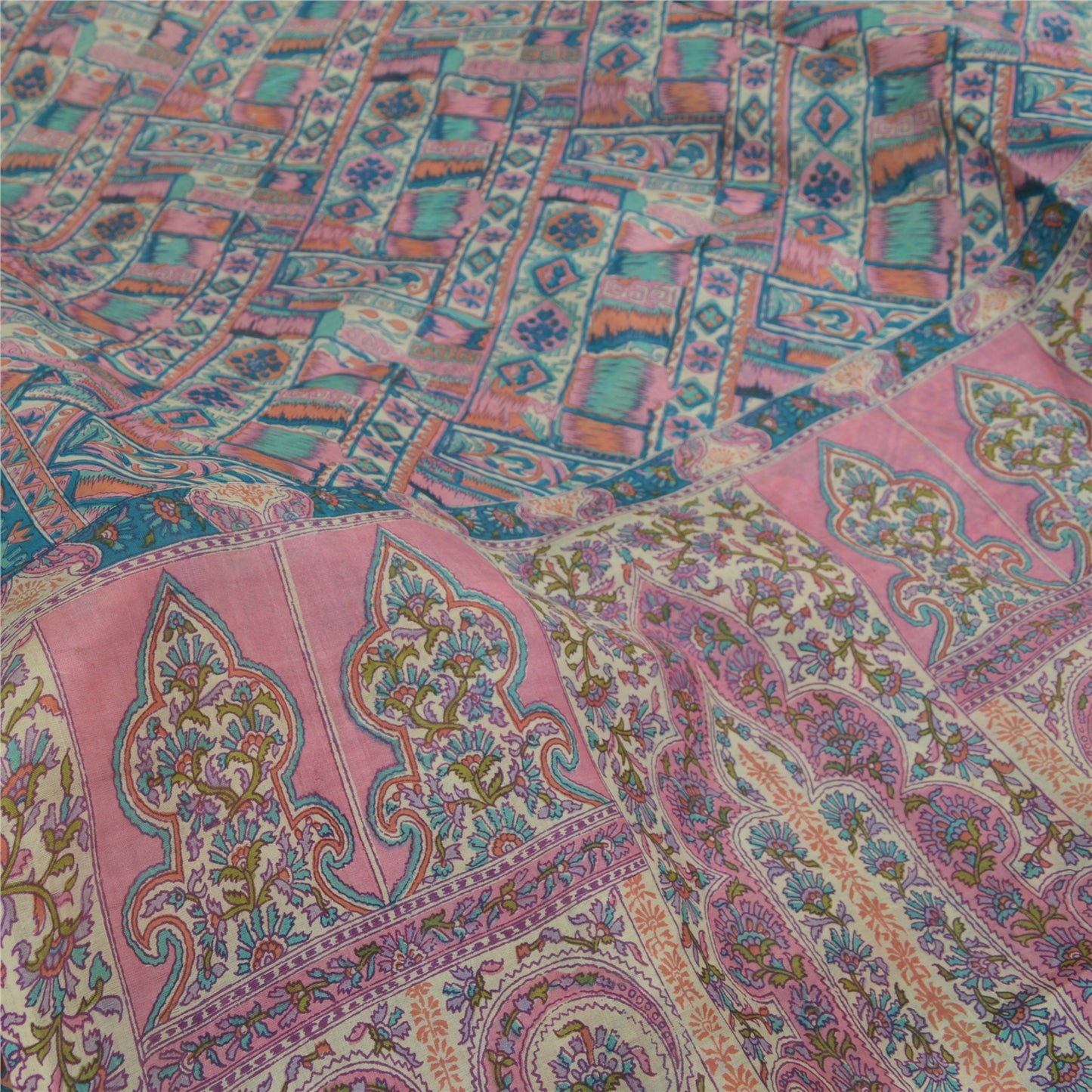 Sanskriti Vintage Sarees Blue 100% Pure Silk Geometric Print Sari Craft Fabric