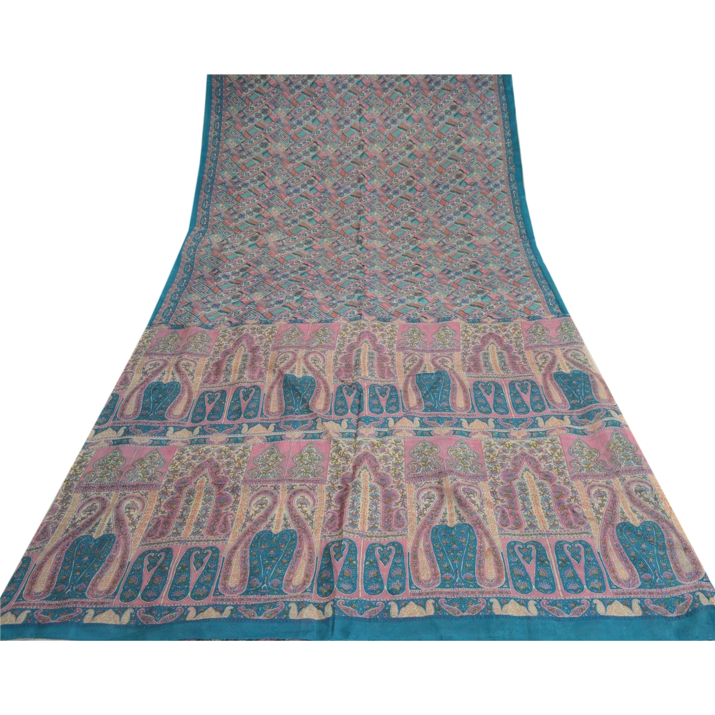 Sanskriti Vintage Sarees Blue 100% Pure Silk Geometric Print Sari Craft Fabric