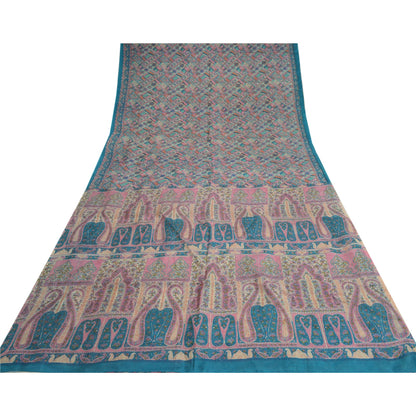 Sanskriti Vintage Sarees Blue 100% Pure Silk Geometric Print Sari Craft Fabric