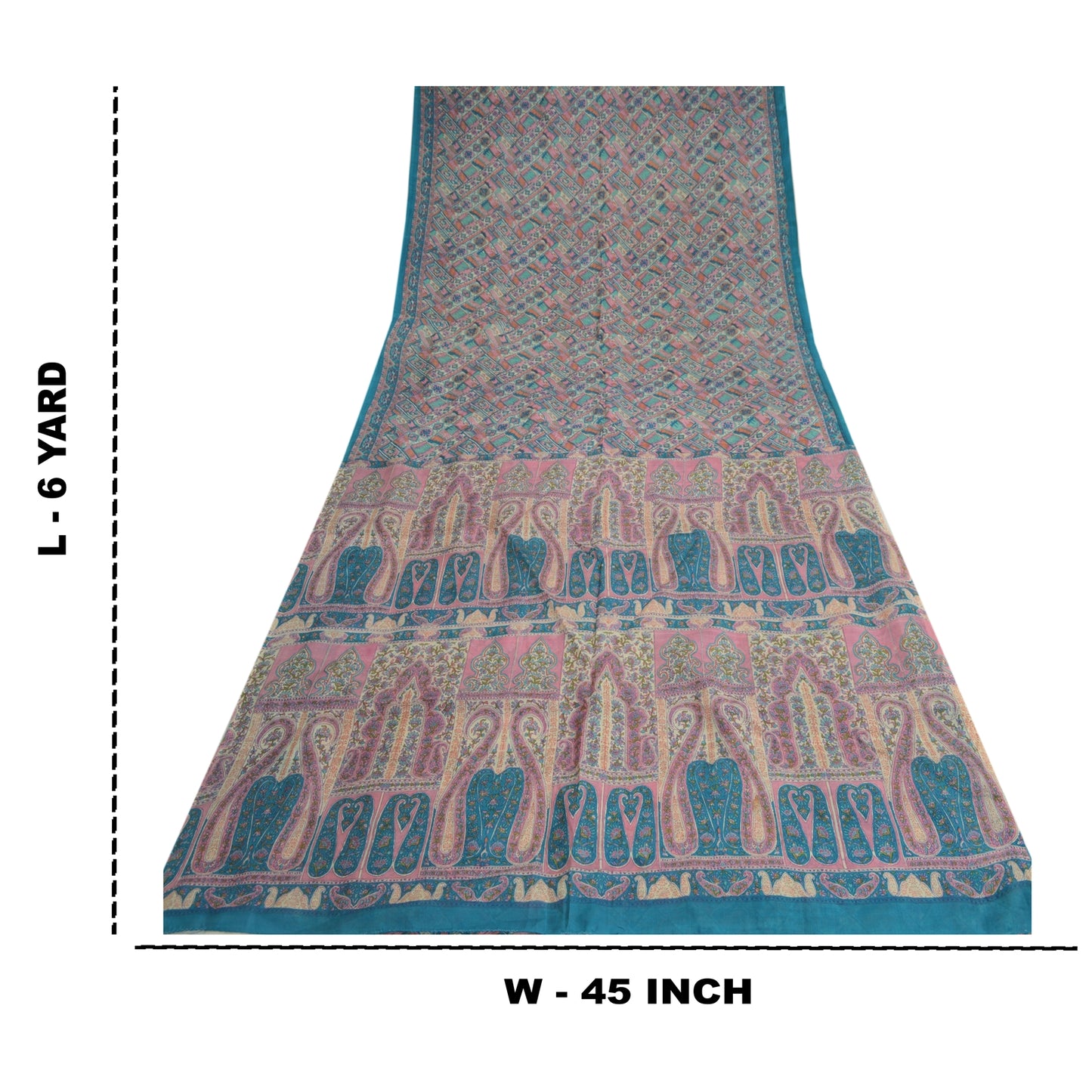 Sanskriti Vintage Sarees Blue 100% Pure Silk Geometric Print Sari Craft Fabric