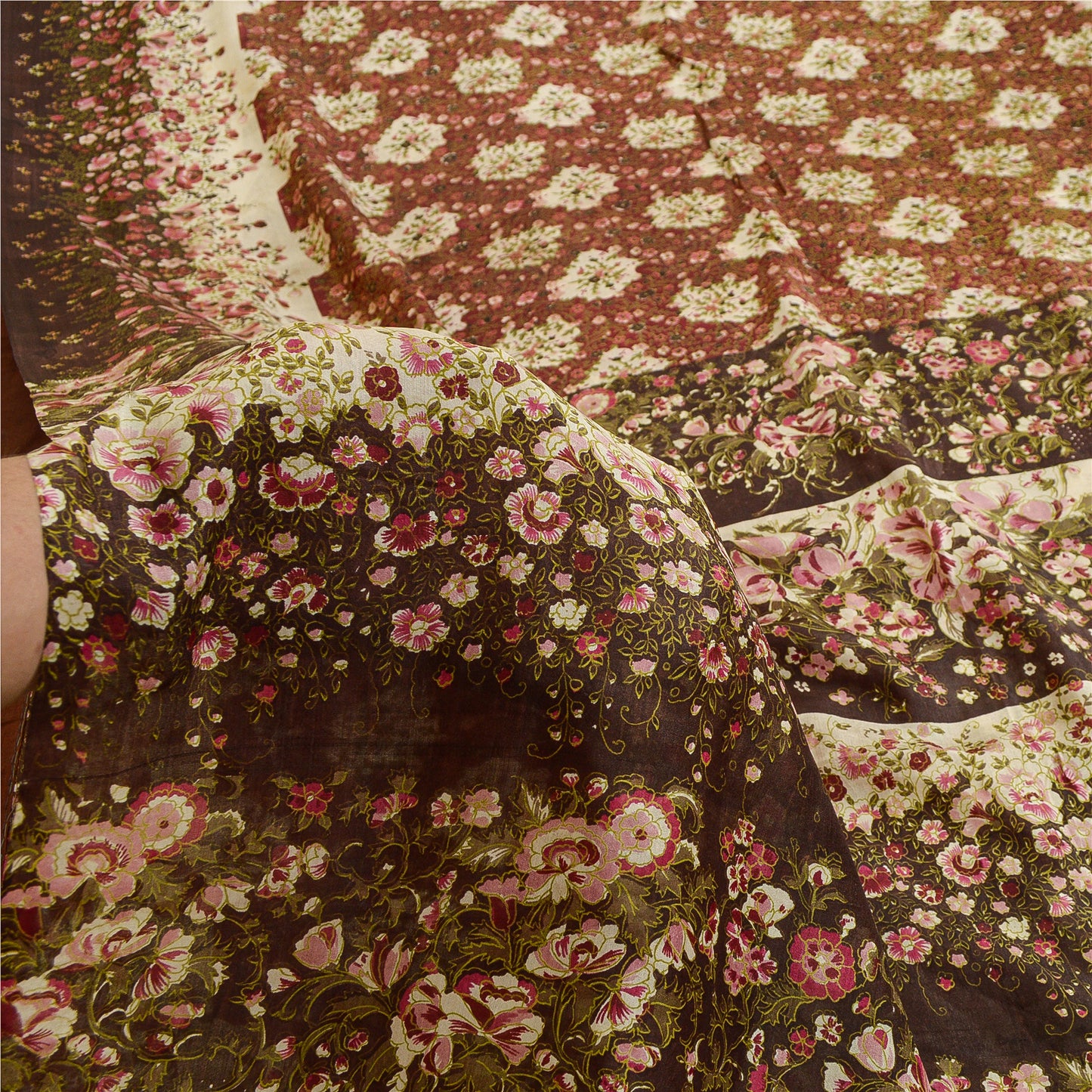 Sanskriti Vintage Sarees Red & Brown Pure Silk Floral Printed 6+YDSari Fabric