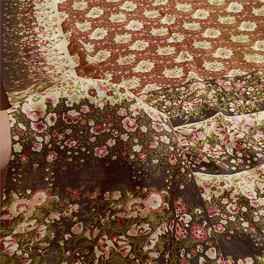 Sanskriti Vintage Sarees Red & Brown Pure Silk Floral Printed 6+YDSari Fabric