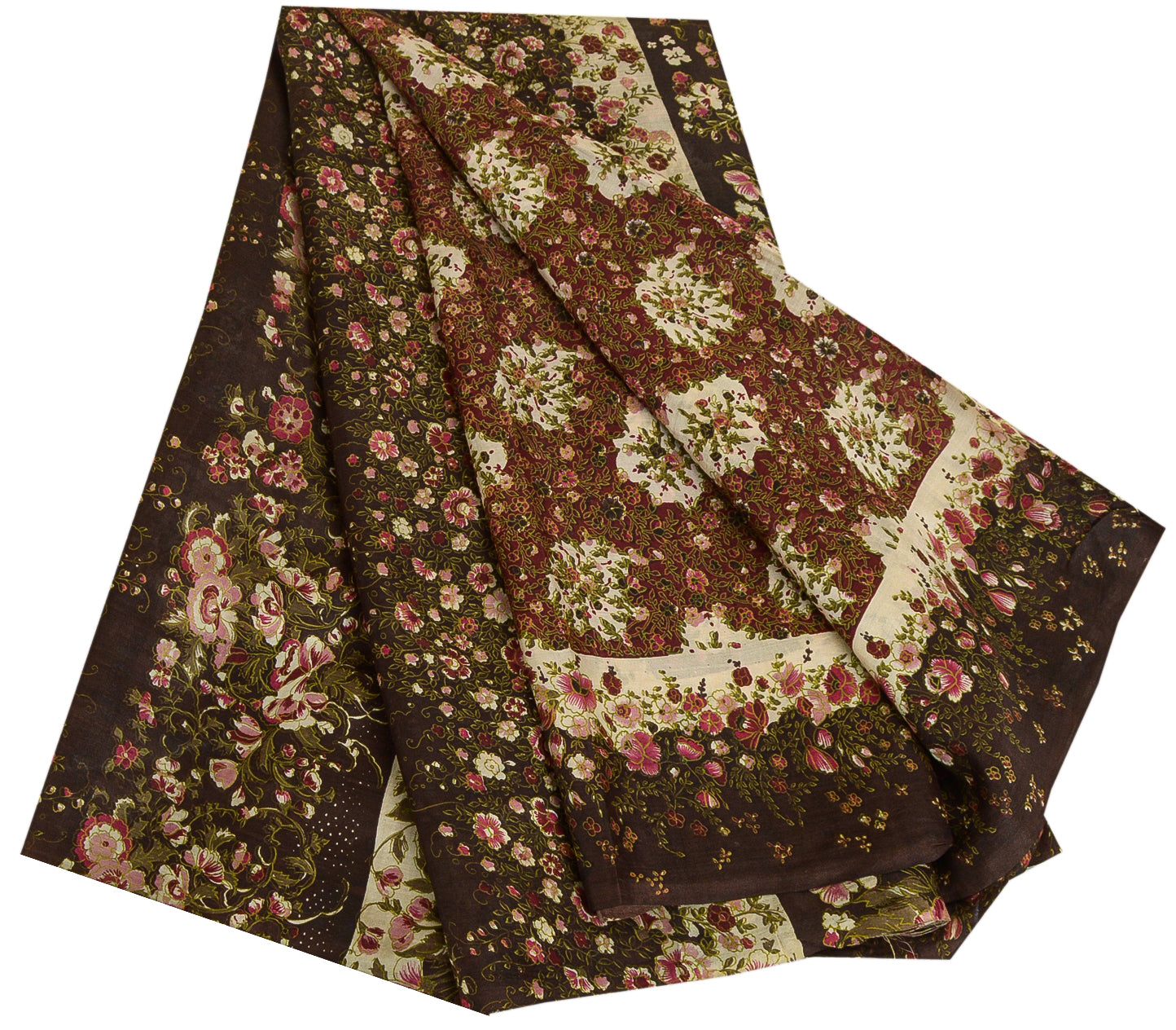 Sanskriti Vintage Sarees Red & Brown Pure Silk Floral Printed 6+YDSari Fabric