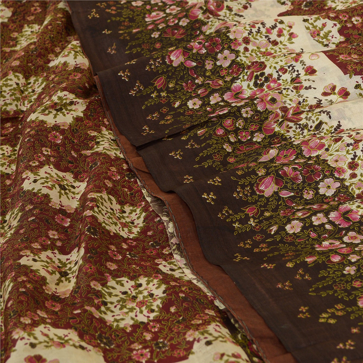 Sanskriti Vintage Sarees Red & Brown Pure Silk Floral Printed 6+YDSari Fabric