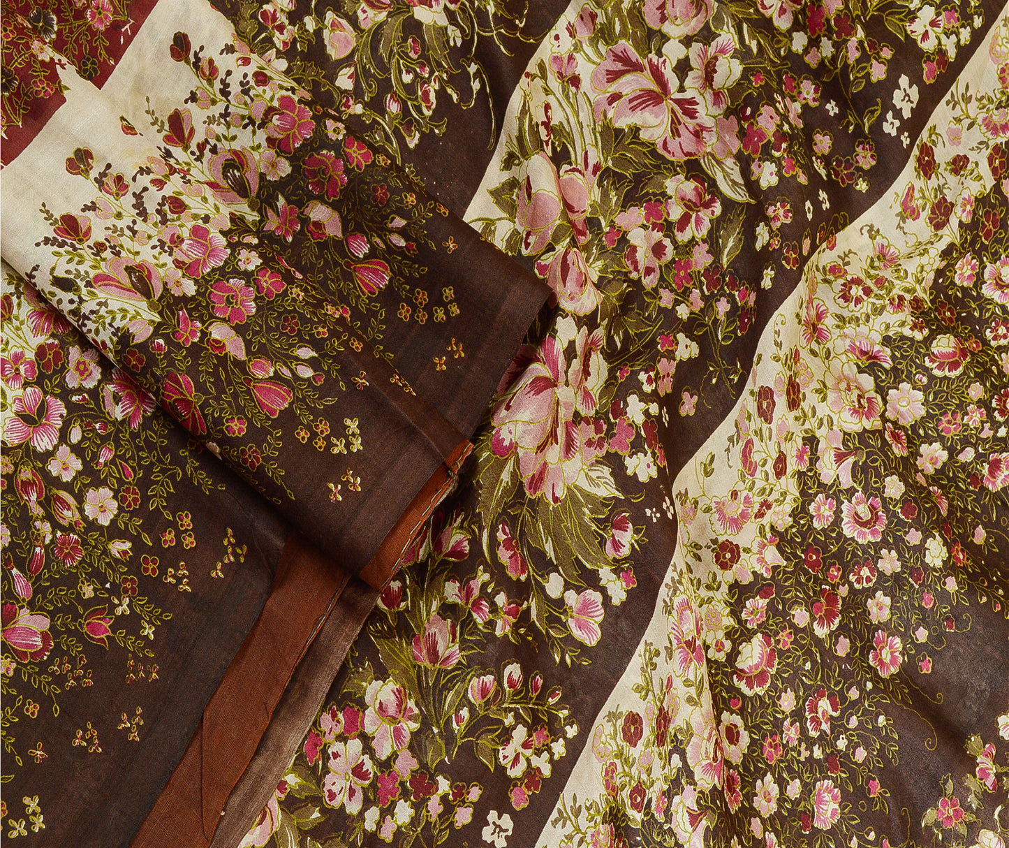 Sanskriti Vintage Sarees Red & Brown Pure Silk Floral Printed 6+YDSari Fabric